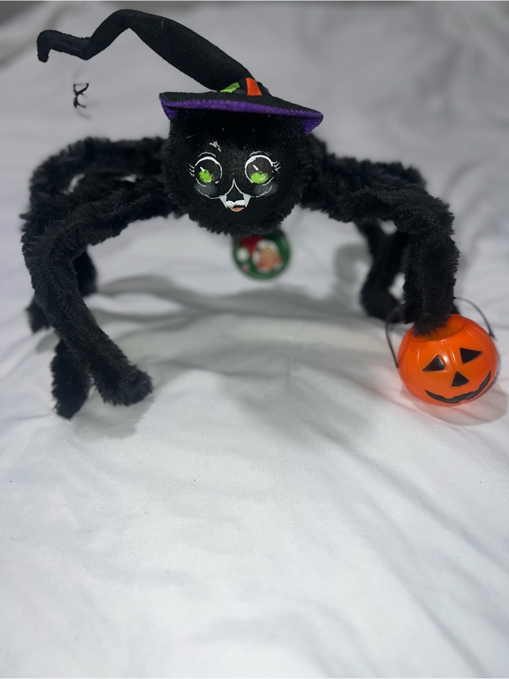 Annalee Black Fuzzy Spider with Purple Witch Hat and Orange Pumpkin Pail